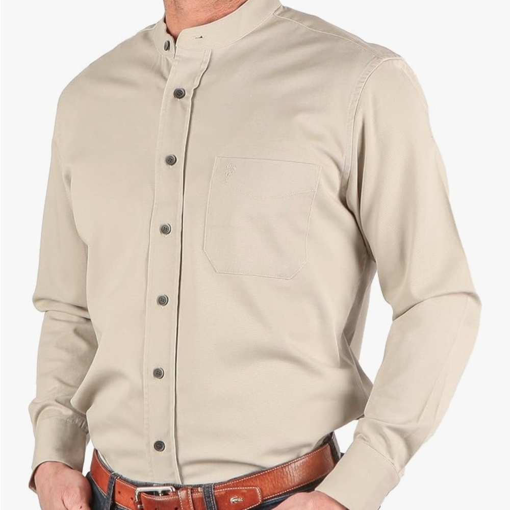 Tan Casual Button Down Shirt with Mandarin Collar